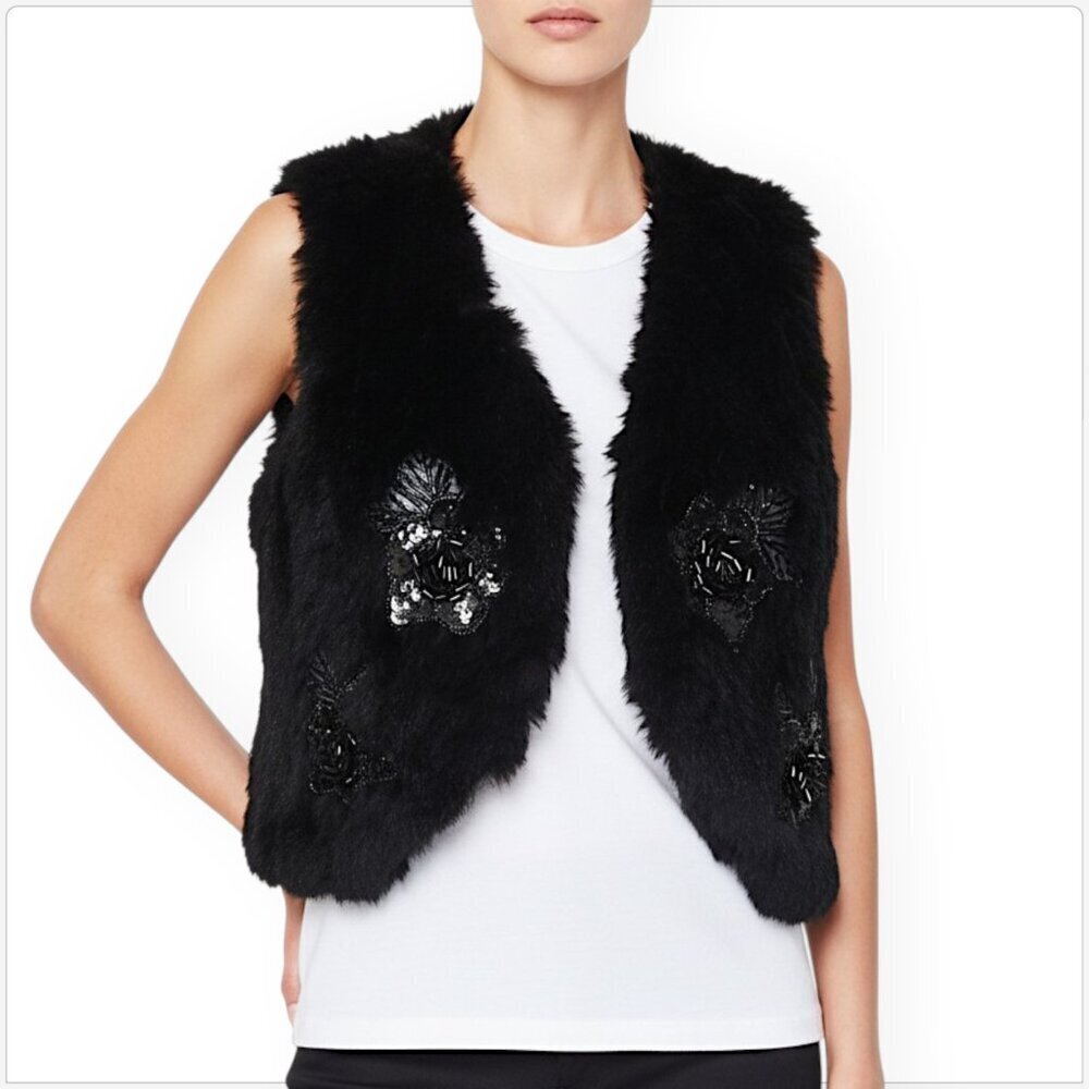 Funky East Black Lux Real Rabbit Fur Sequined Beaded Vest Jacket Boho M